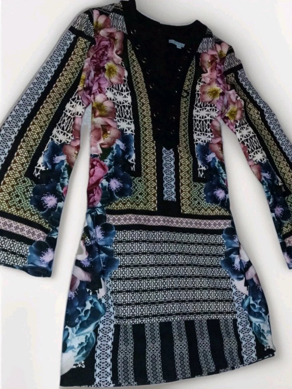 Antonio Melani Levine Bloom Floral Geometric Grommet Lace Up Shift Dress Size 2